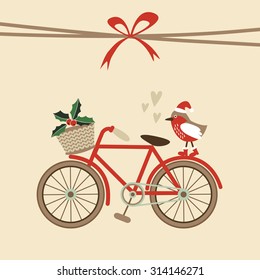 Cute retro christmas card, invitation with hand drawn bicycle and bird with santa hat, flat design, vector illustration background