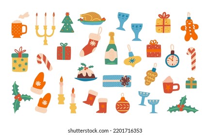 Cute retro Christmas clipart set with holiday dinner attributes, Christmas tree baubles, gift boxes etc. Vector isolated illustration, sticker collection.