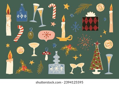 Cute retro Christmas clipart set with holiday attributes, vintage Christmas tree and ornaments, baubles, gift box, candles, wine and champagne etc. Vector illustration, sticker collection.