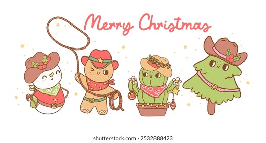 Lindo Anuncio de vaquero de Navidades retro con cactus, árbol, muñeco de nieve y hombre de jengibre dibujado a mano colección de dibujos animados doodle