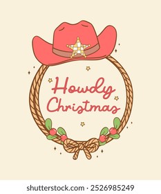 Cute Retro Christmas Cowboy hat on lasso rope frame Howdy Christmas Hand drawn cartoon doodle greeting card idea