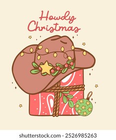 Cute Retro Christmas Cowboy hat on present box Howdy Christmas Hand drawn cartoon doodle greeting card idea