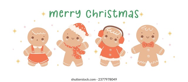Cute retro Christmas Gingerbread boy Cartoon Character collection, idea for banner and greeting card.