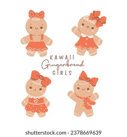 Cute retro Christmas gingerbread girl cartoon character set. These hand drawn illustrations are perfect for creating a festive and whimsical atmosphere, from greeting cards