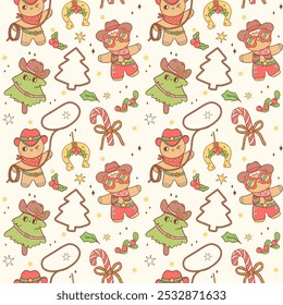 Cute Retro Christmas seamless pattern Cowboy sheriff gingerbread man hand drawn cartoon character doodle