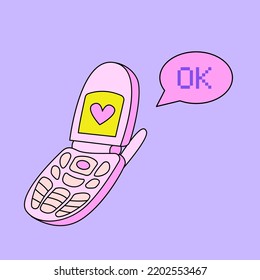 Cute retro clamshell phone in retrowave aesthetic. Bubble with pixel word okay. Vector nostalgic illustration in y2k, 00s, 90s concept. Pink flip phone