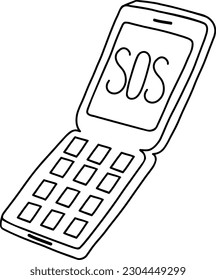 Cute retro clamshell phone. An SOS message. Vector black and white illustration in the concept of the 80s, 90s. The retro flip phone is highlighted on a white background. Coloring book.