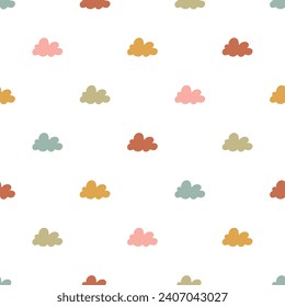 Cute retro clouds seamless vector pattern. Simple scandi design. Vintage hand drawn background for kids room decor, nursery art, gift, fabric, textile, wrapping paper, wallpaper, packaging, apparel.