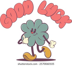 Cute Retro Clover Character with Positive Groovy Vibes Text - Funky 70s Inspired Art