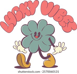 Cute Retro Clover Character with Positive Groovy Vibes Text - Funky 70s Inspired Art