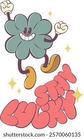 Cute Retro Clover Character with Positive Groovy Vibes Text - Funky 70s Inspired Art