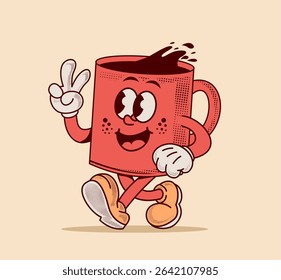 Cute retro coffee cup cartoon in vintage style. Perfect for stickers, prints, logos, posters. vector illustrations