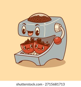Carácter retro lindo de la historieta de la máquina de café con las tazas felices del espresso, Vector vintage de la mascota
