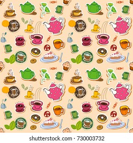 Cute retro coffee and tea seamless pattern with teapots, cups, entertainments and sweets