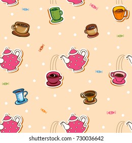 Café retro y té sin fisuras con tetera, tazas, entretenimientos y dulces