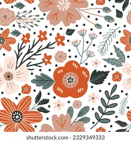 Cute Retro Color Floral Illustration Seamless Pattern	