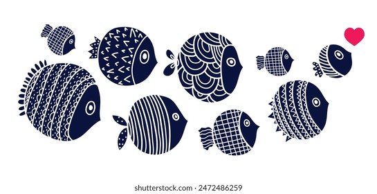 Cute retro colorful cartoon frame with  fish on white background. Vector illustration.Interior poster. Fish road.