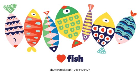 Cute retro colorful cartoon frame with  fish on white background. Vector illustration. interior poster