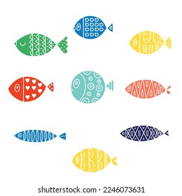 Cute retro colorful cartoon illustration with blue fish on white background. Vector illustration set.