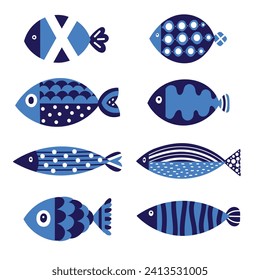 Cute retro colorful cartoon illustration with  fish on white background. Vector illustration set.
