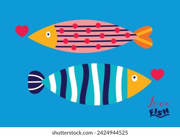 Cute retro colorful cartoon illustration with  fish and hearts . Vector illustration poster.