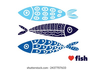 Cute retro colorful cartoon illustration with  fish on white background. Home decor.Vector illustration set.