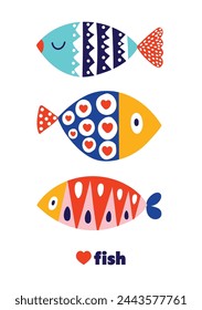 Cute retro colorful cartoon illustration with  fish on white background. Vector illustration set.