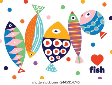 Cute retro colorful cartoon illustration with  fish on white background. Children's interior poster. Vector.