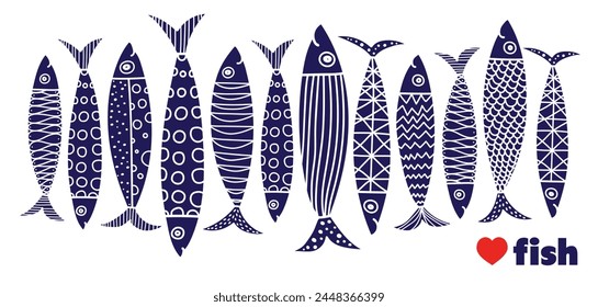 Cute retro colorful cartoon illustration with  fish on white background. Vector illustration set. Sardine.