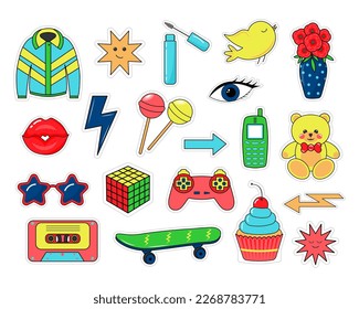 Cute retro comic stickers in pop art style such as lips, bird, cassette, vase, mobile phone and other. 90s nostalgic badges.