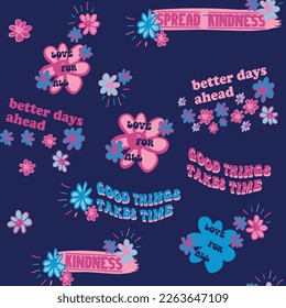 Cute, retro, conversational, seamless pattern print, typography, lettering, positive quotes and slogans, fabric, textile, tshirt, sweatshirt, packaging, wrapping, tshirt, girls, women, kids, fashion