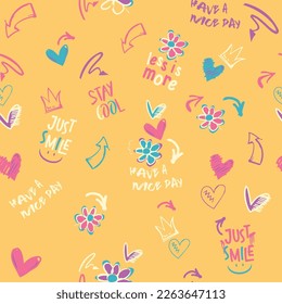 Cute, retro, conversational, seamless pattern print, typography, lettering, positive quotes and slogans, fabric, textile, tshirt, sweatshirt, packaging, wrapping, tshirt, girls, women, kids, fashion