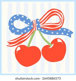 cute retro coquette 4th of july cherries with america ribbon bow in red white and blue hand drawn for patriotic design, shirt or card sublimation