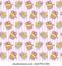 Cute retro coquette sardines in tin can seamless pattern with pastel girly summer fisherman aesthetic on striped background for fabric or digital paper