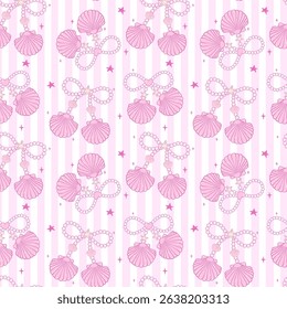 Cute retro coquette Summer seamless pattern Pearl bow seashells girly Pink Coastal beach vibe fabric and wallpaper design