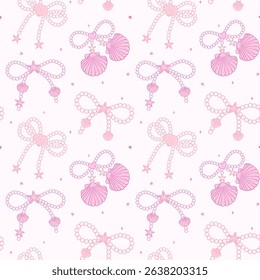 Cute retro coquette Summer seamless pattern Pearl bow seashells  in Pink Coastal beach vibe girly fabric and wallpaper design