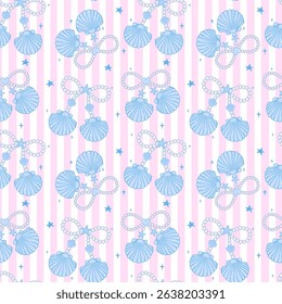 Cute retro coquette Summer seamless pattern Blue Pearl bow seashells girly Coastal beach vibe stripes on pink background