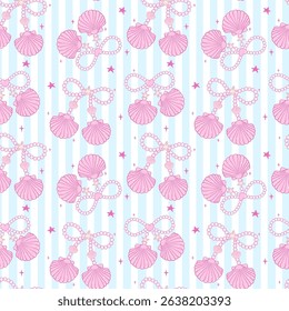 Cute retro coquette Summer seamless pattern Pearl bow seashells girly Pink Coastal beach vibe on blue background