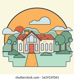 Cute retro cottage with red roof in the woods. Summer day. Green trees surround the house. Clouds in the sky. Flat style, muted colors, bold dark stroke.