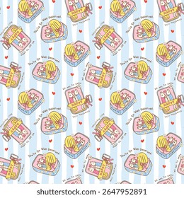 Cute retro couple sardines in tin can seamless pattern with vibrant pastel coquette fisherman aesthetic in love relationship quote on striped background
