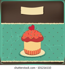 Cute retro cupcake in frame . Polka dots background. Vector card.