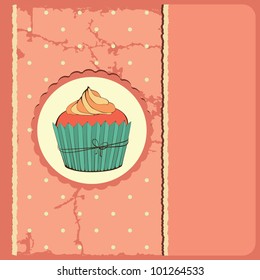 Cute retro cupcake in frame . Polka dots background. Vector card.