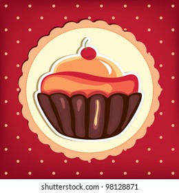 Cute retro cupcake in frame . Polka dots background. Vector card. EPS8