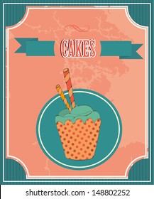 Cute retro cupcake for menu. Vector card.