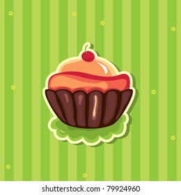Cute retro Cupcake on striped background. Vector card