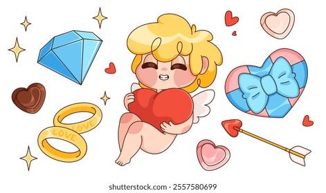 Cute retro Cupid character holding heart surrounded by romantic symbols - sparkling diamond, chocolate sweets, wedding rings, love arrow, pink gift with bow. Valentine day card elements or stickers.