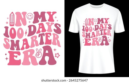 Design retro bonito com a frase "In My 100 Days Smarter Era" perfeito para uma impressão de camiseta ou vestuário. Esquema de cores rosa e roxo.