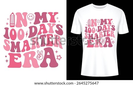 Cute retro design featuring the phrase "In My 100 Days Smarter Era" perfect for a t-shirt or apparel print. Pink and purple color scheme.