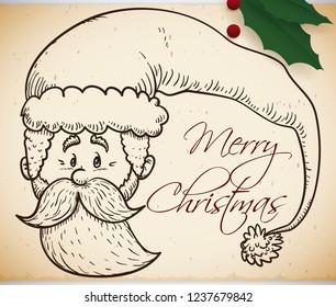 Cute retro design of Santa Claus face with a long hat in hand drawn style over scroll with some holly leaves to celebrate Christmas.