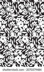 Cute retro ditsy pattern black and white in small flower. Floral pattern abstract. White flowers on a black background.